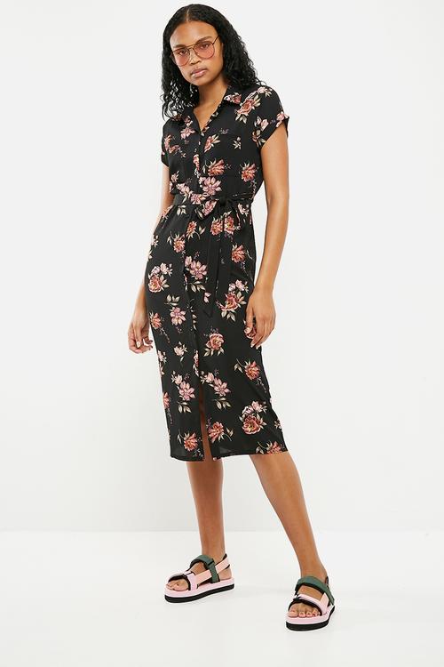 Floral short sleeve midi shirt dress - multi 