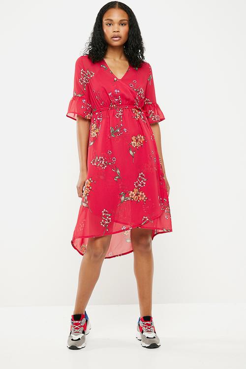 Charlie floral wrap tie midi dress - red 