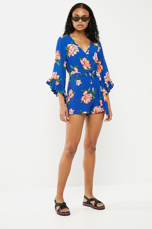 Mollie print ruffle 3/4 playsuit - blue 