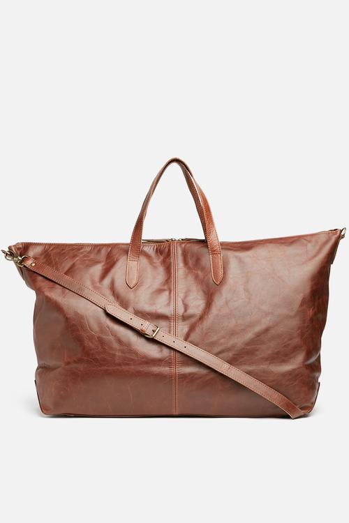 Saddle travel leather bag with strap - brown