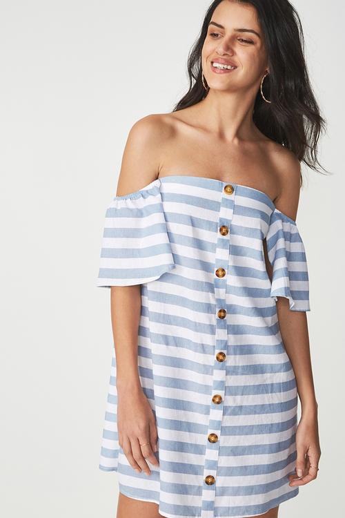 Woven summer off the shoulder oliver dress - white & blue