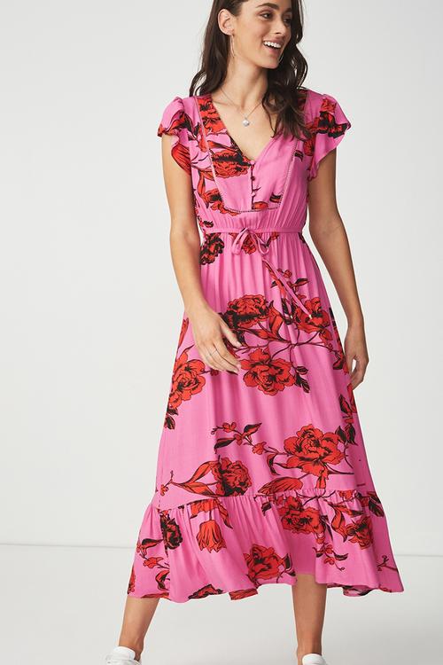 Woven summer flora v-neck maxi dress - pink & red