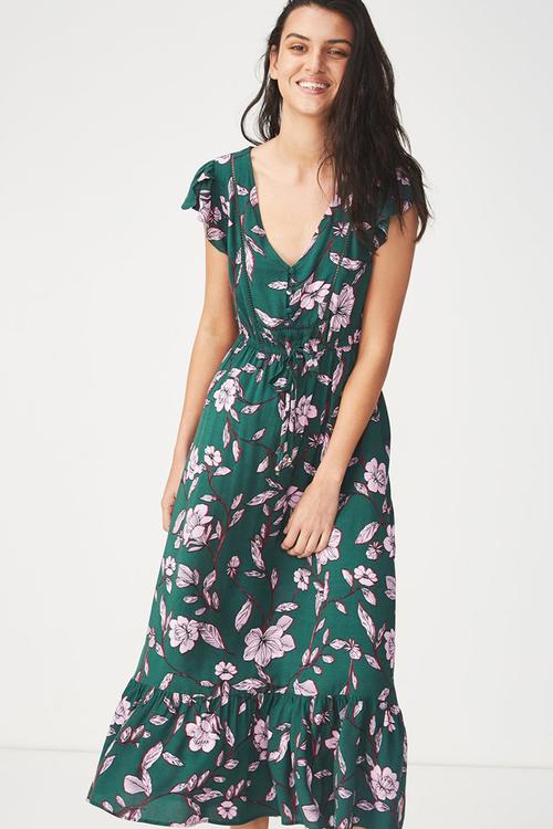 Woven summer flora v-neck maxi dress - green