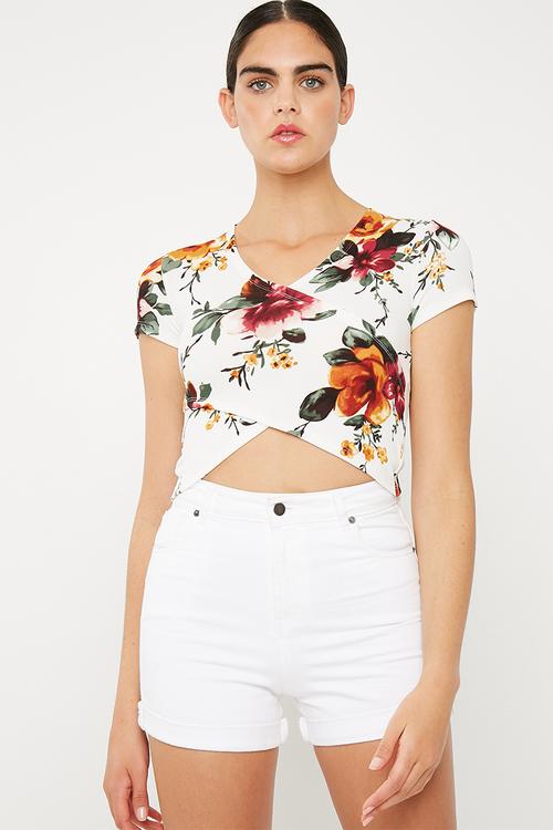 Fitted mock wrap front tee - multi