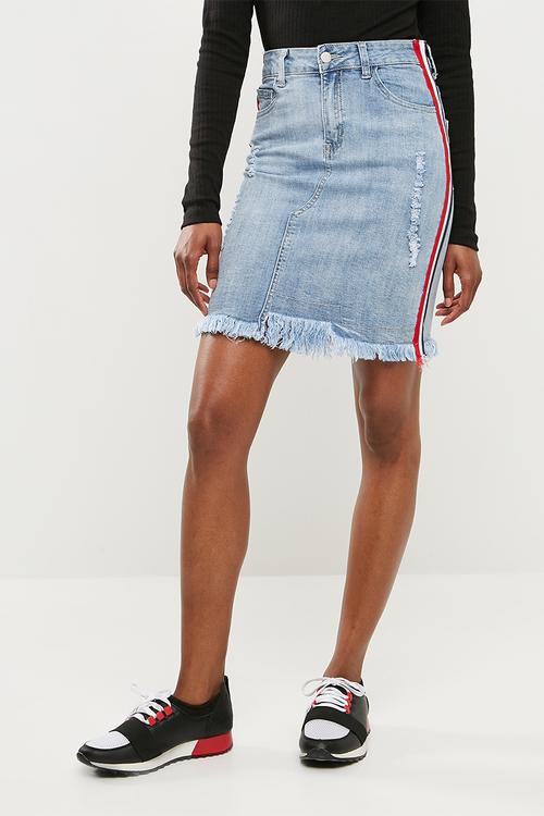 High waisted denim skirt with side stripe - blue