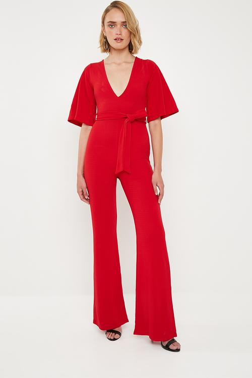 Plunge kimono sleeve jumpsuit - red