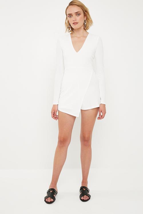Long sleeve crepe wrap skort playsuit - white