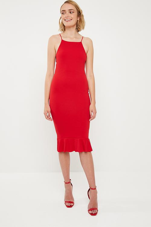 Scuba squae neck frill hem midi dress - red