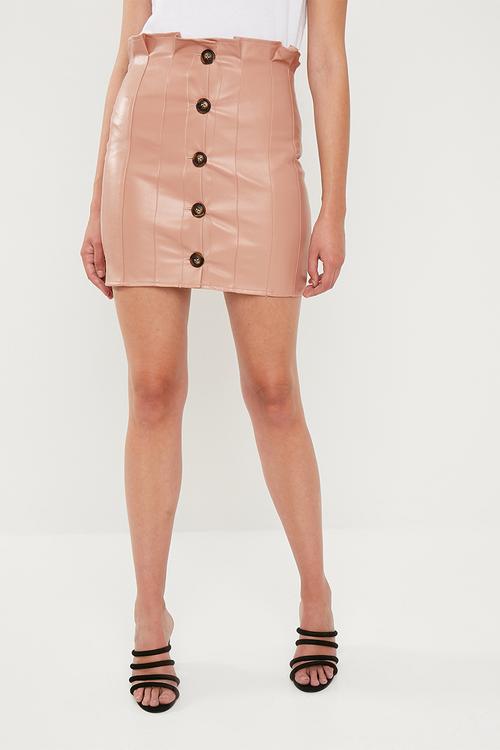 Faux leather button paperbag mini skirt - pink