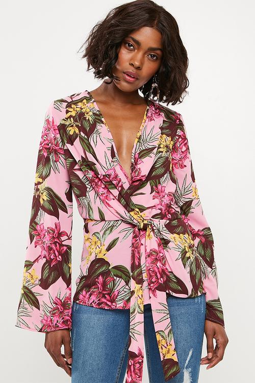 Drape front plunge blouse tropical - multi