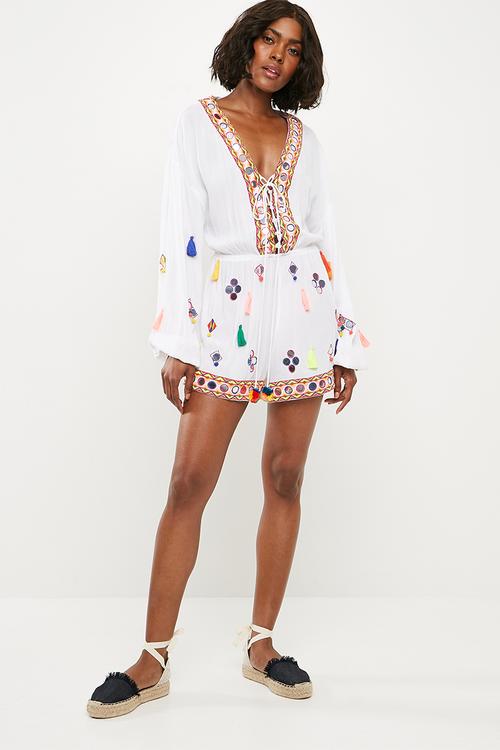 Multi tassel mirror playsuit - white 