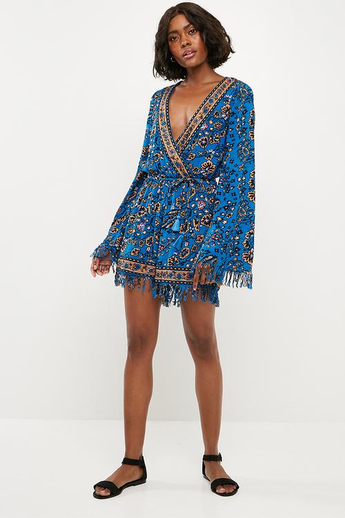 Wrap front flare sleeve playsuit - blue