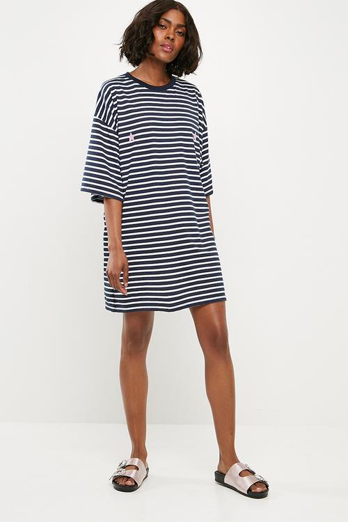 Oversized short sleeve T-shirt dress - navy & white
