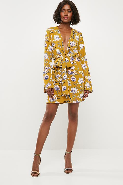 Satin plunge tie front shift dress - yellow