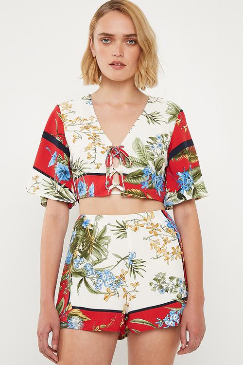 Tie front floral top - multi