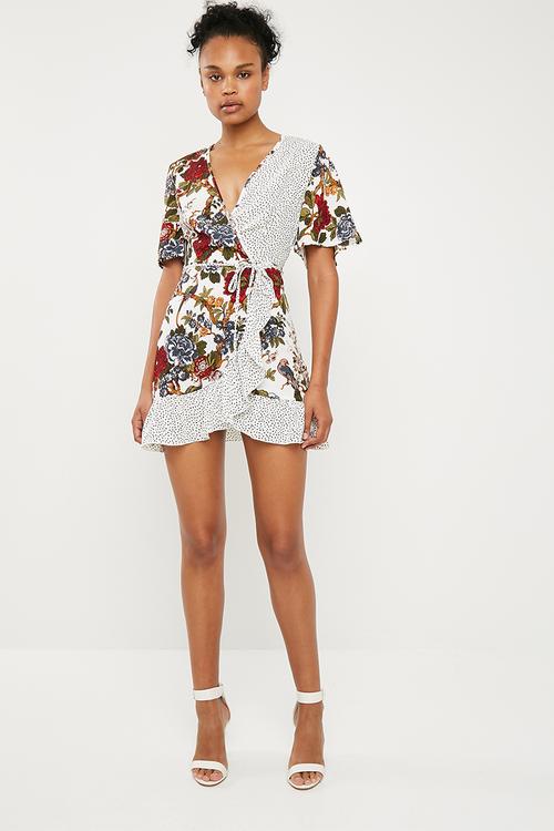 Floral and polka dot wrap over tea dress - Multi