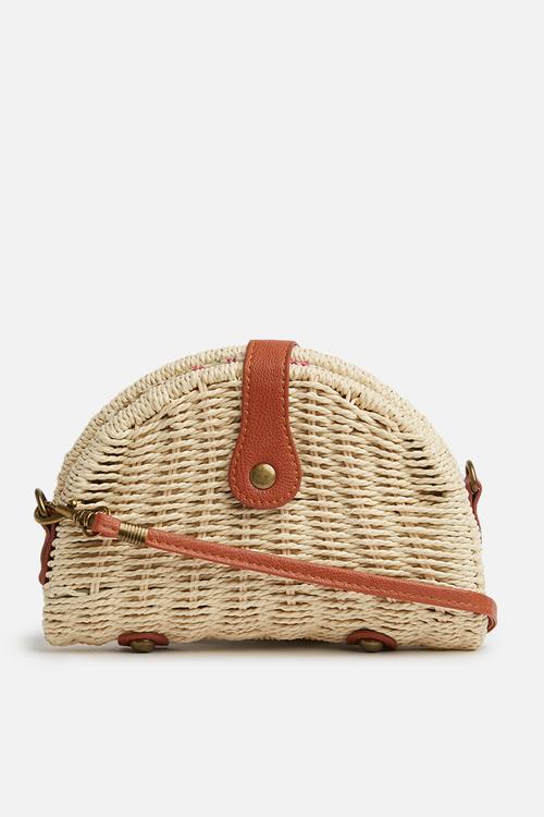 Half moon straw sling bag - natural & tan