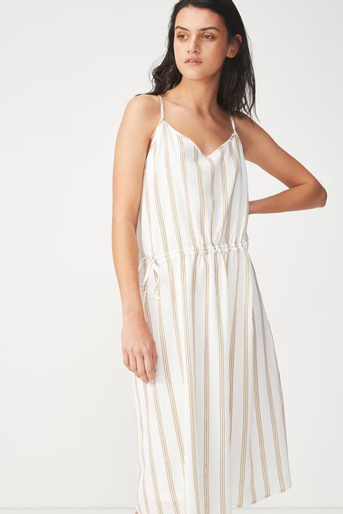 Woven mimi rouched midi dress - white & beige