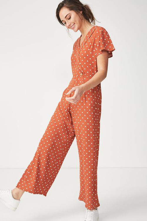Woven jordy cap sleeve jumpsuit - tan & white 