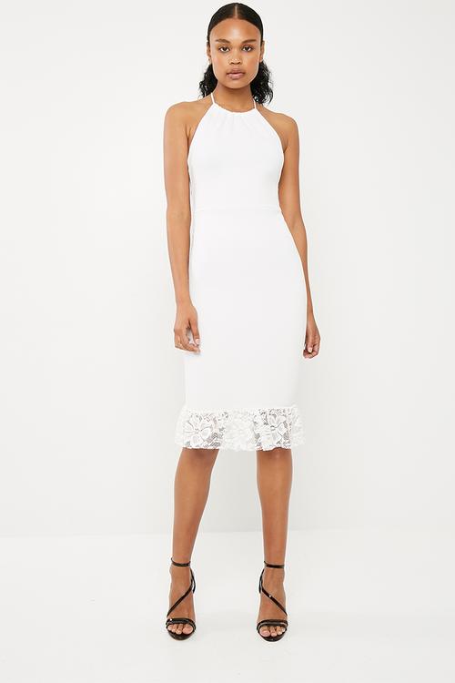Scuba 90s neck lace frill midi dress - white