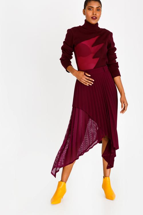 Blade Shape Pleated Skirt Burgundy