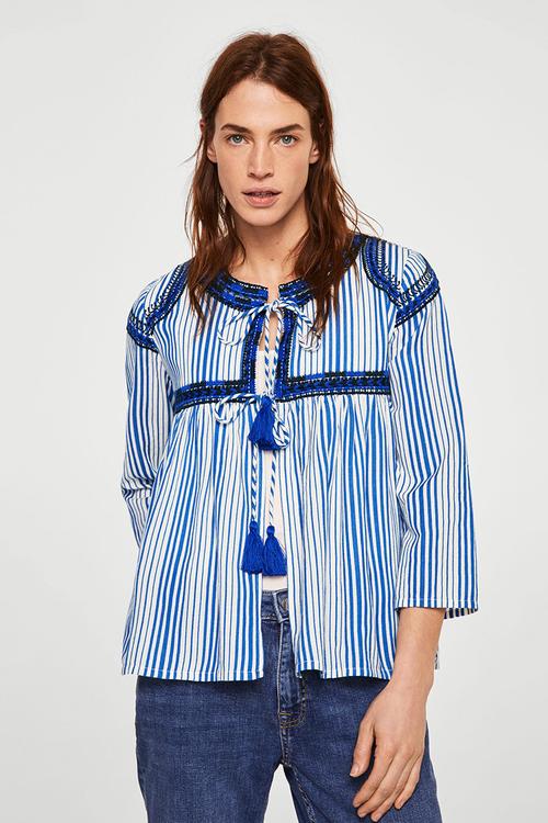 Striped Embroidery Blouse Blue
