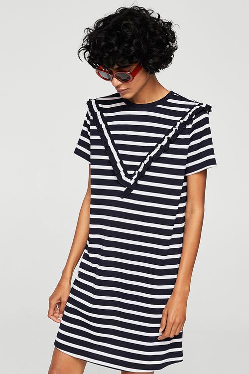Striped Ruffle Dress Navy