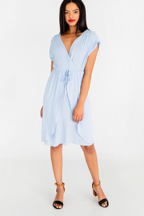 Mock wrap dress with draw-cord - blue 