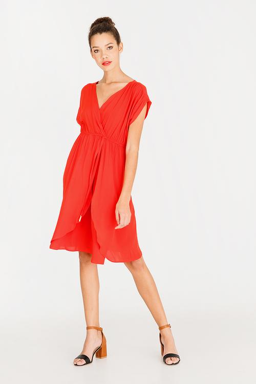 Mock wrap dress with draw-cord - orange