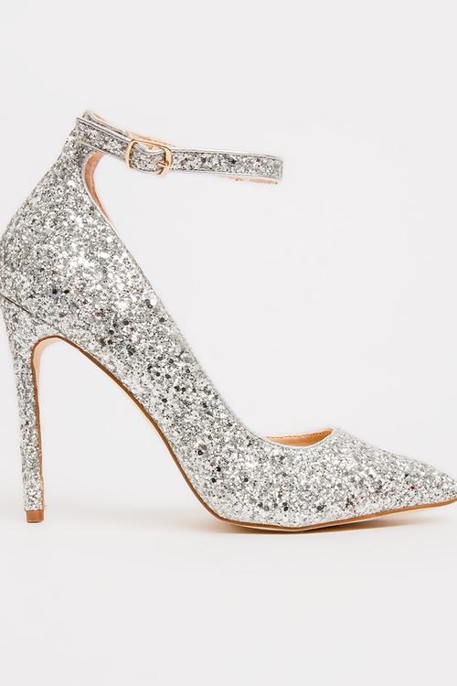 Glitter Ankle-strap Heels Silver