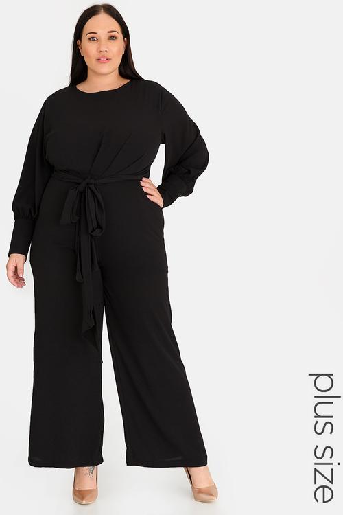 Self-tie cuffed jumpsuit - black
