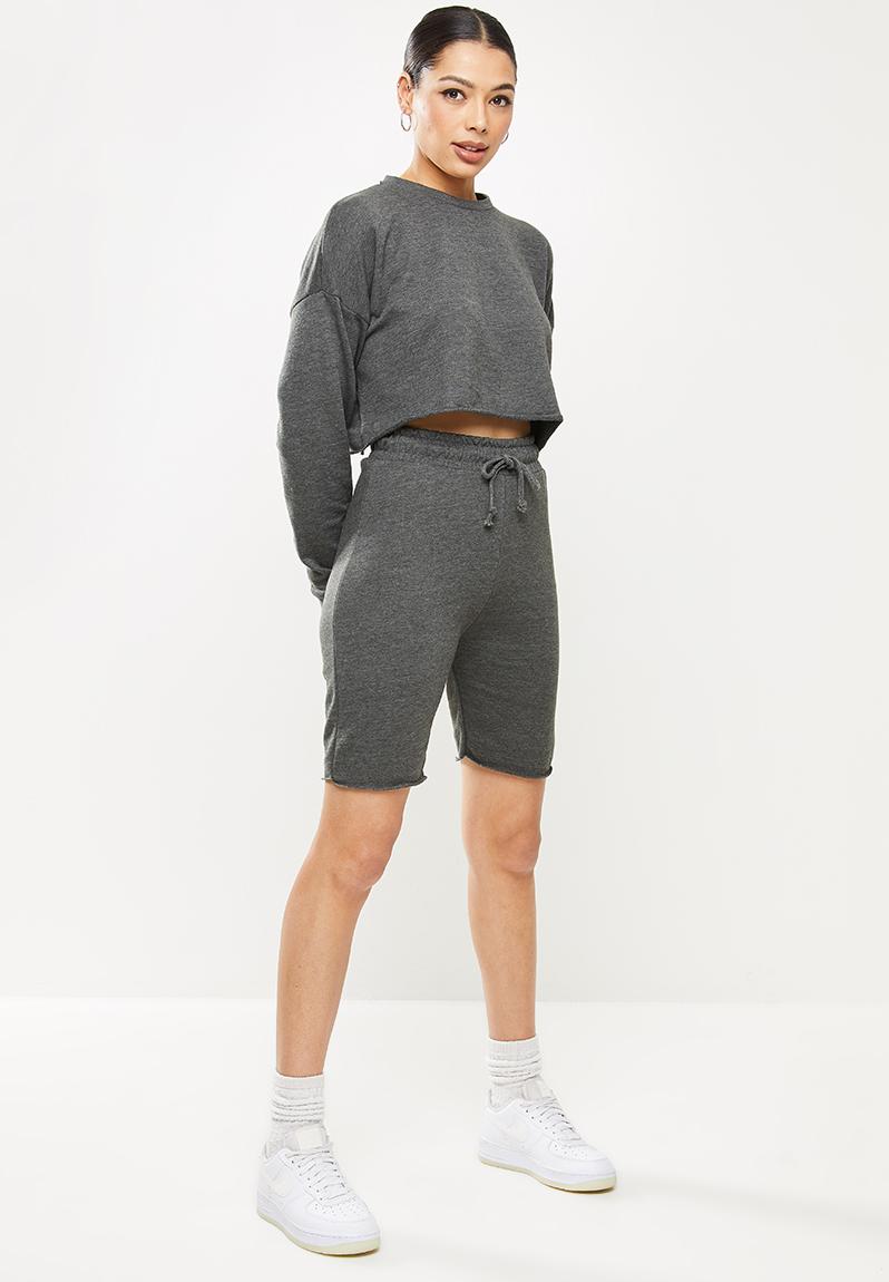 Missguided Crop Sweat Cycling Short Set Dark Grey Prices Shop Deals Online PriceCheck