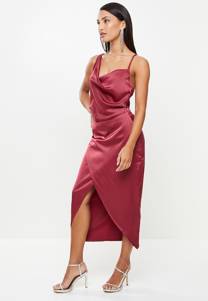 missguided asym strap drape satin midi dress MISSGUIDED Satin Bandeau Ruched Asymmetrical Side Drape Bodycon Midi Dress MISSGUIDED