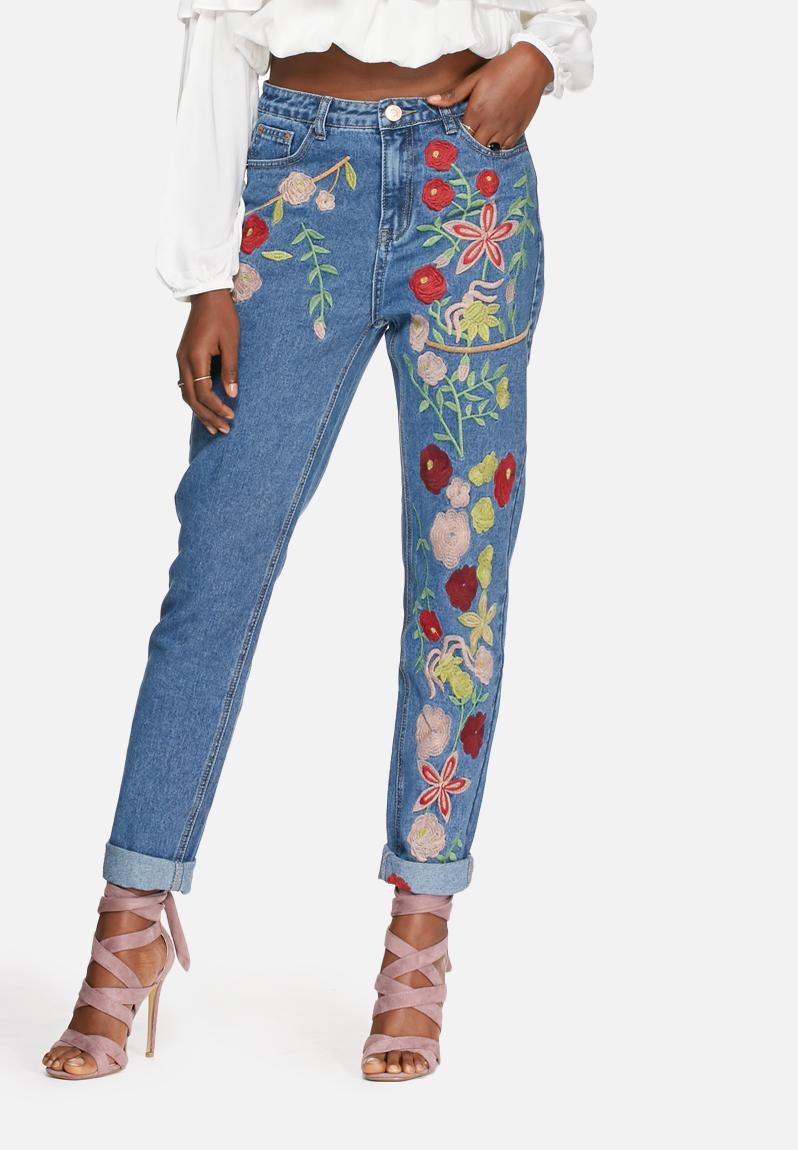 Flower Embroidered Jeans Mid Blue Glamorous Jeans