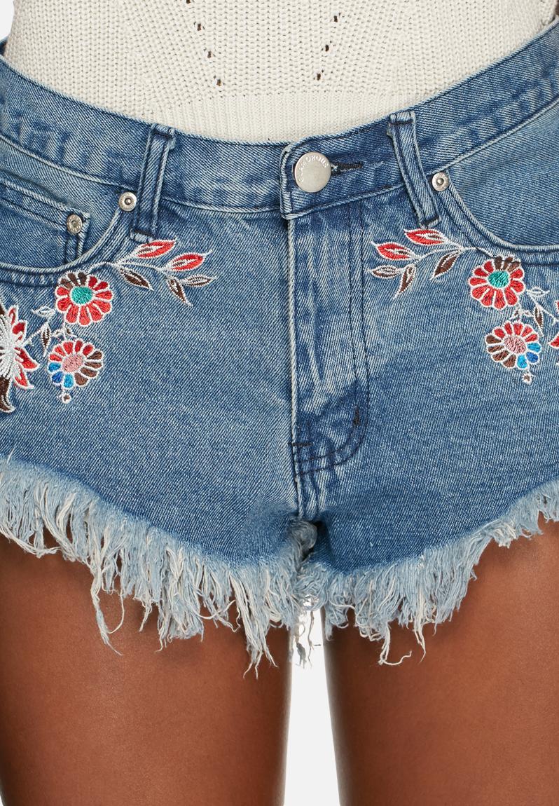 Frayed floral embroidered shorts - mid blue Glamorous Shorts ...