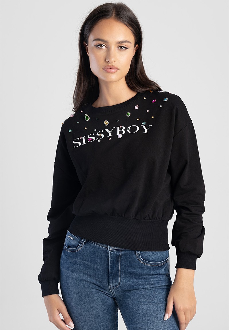Sissy Boy Logo Sweat Top With Colorful Bling - Black