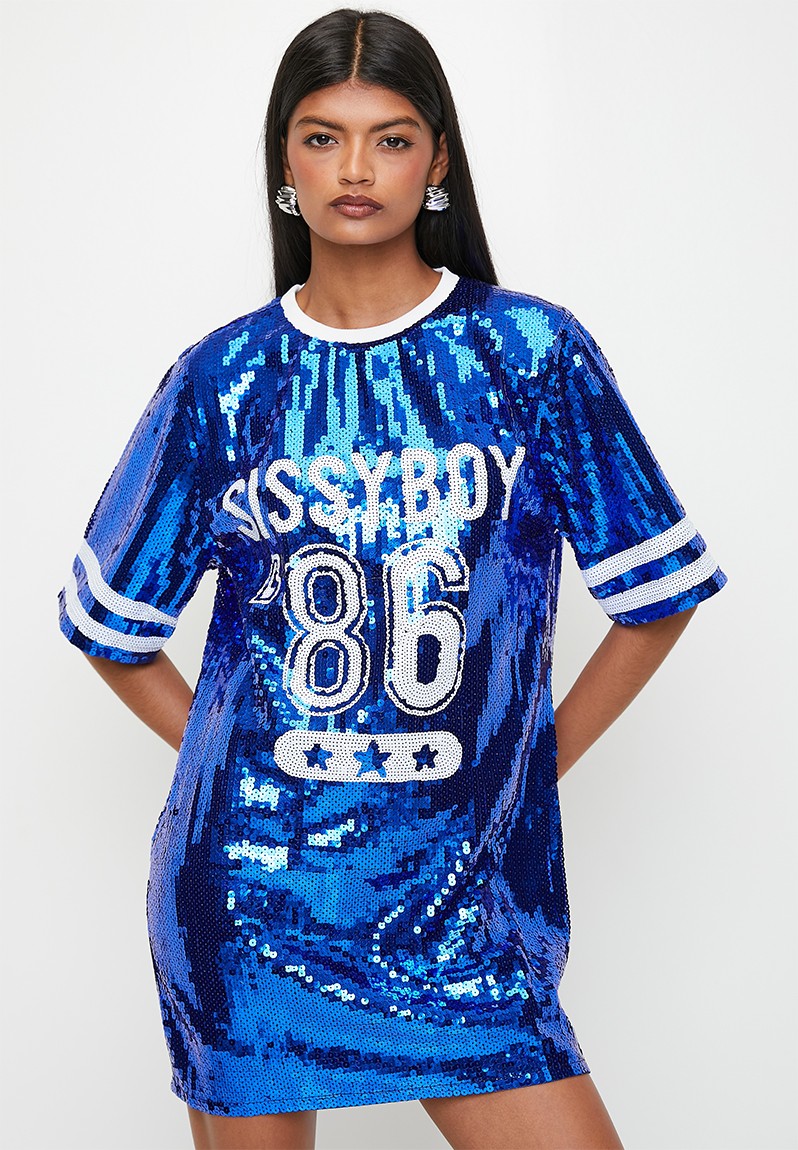 Sissy Boy Drizzle: Sequin Logo T-Shirt Dress - Cobalt