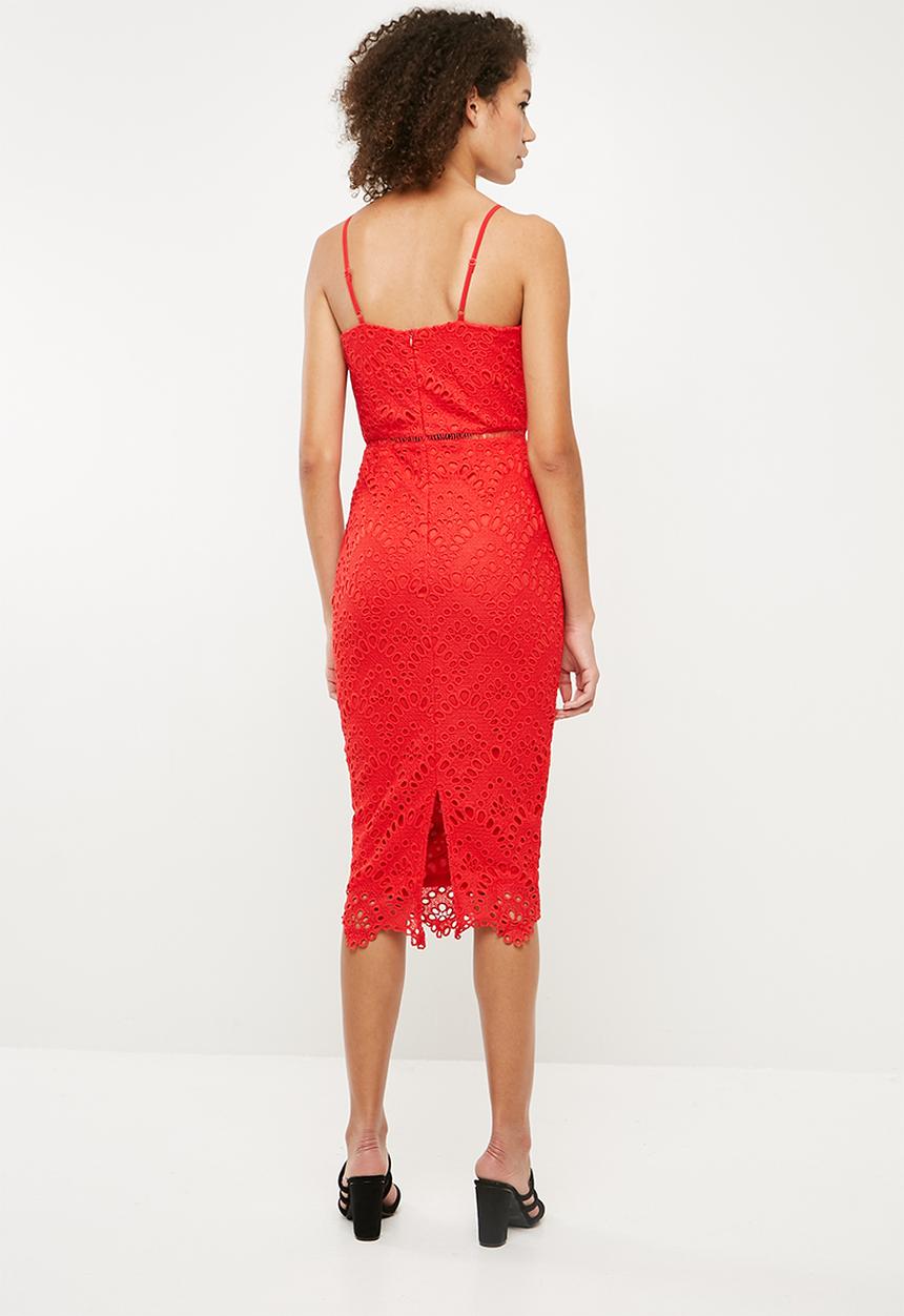 Missguided - Lace ladder detail midi dress - red