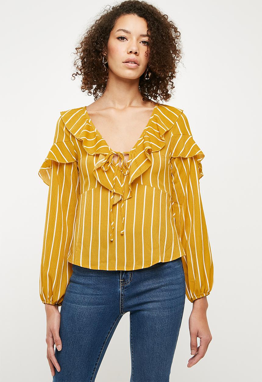 Missguided - Striped frill tea blouse - mustard