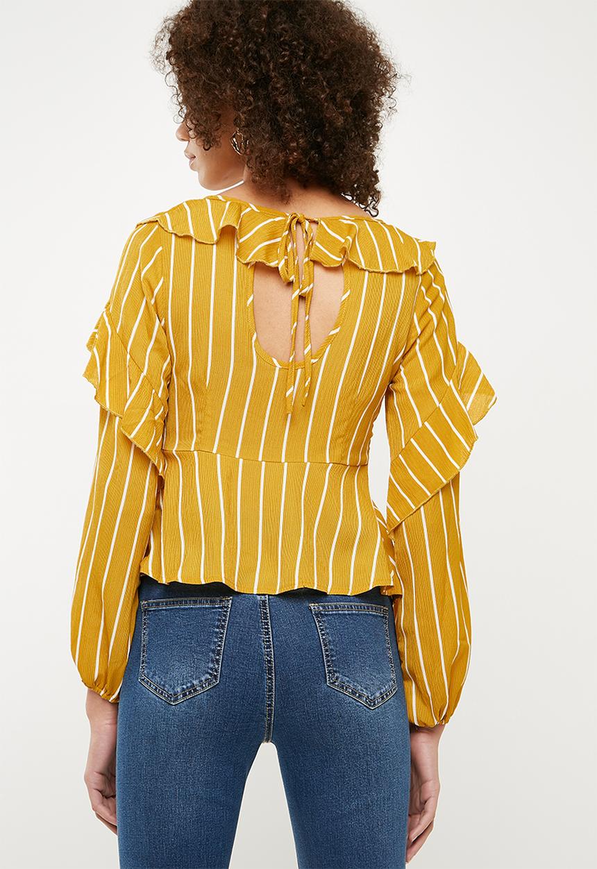 Missguided - Striped frill tea blouse - mustard