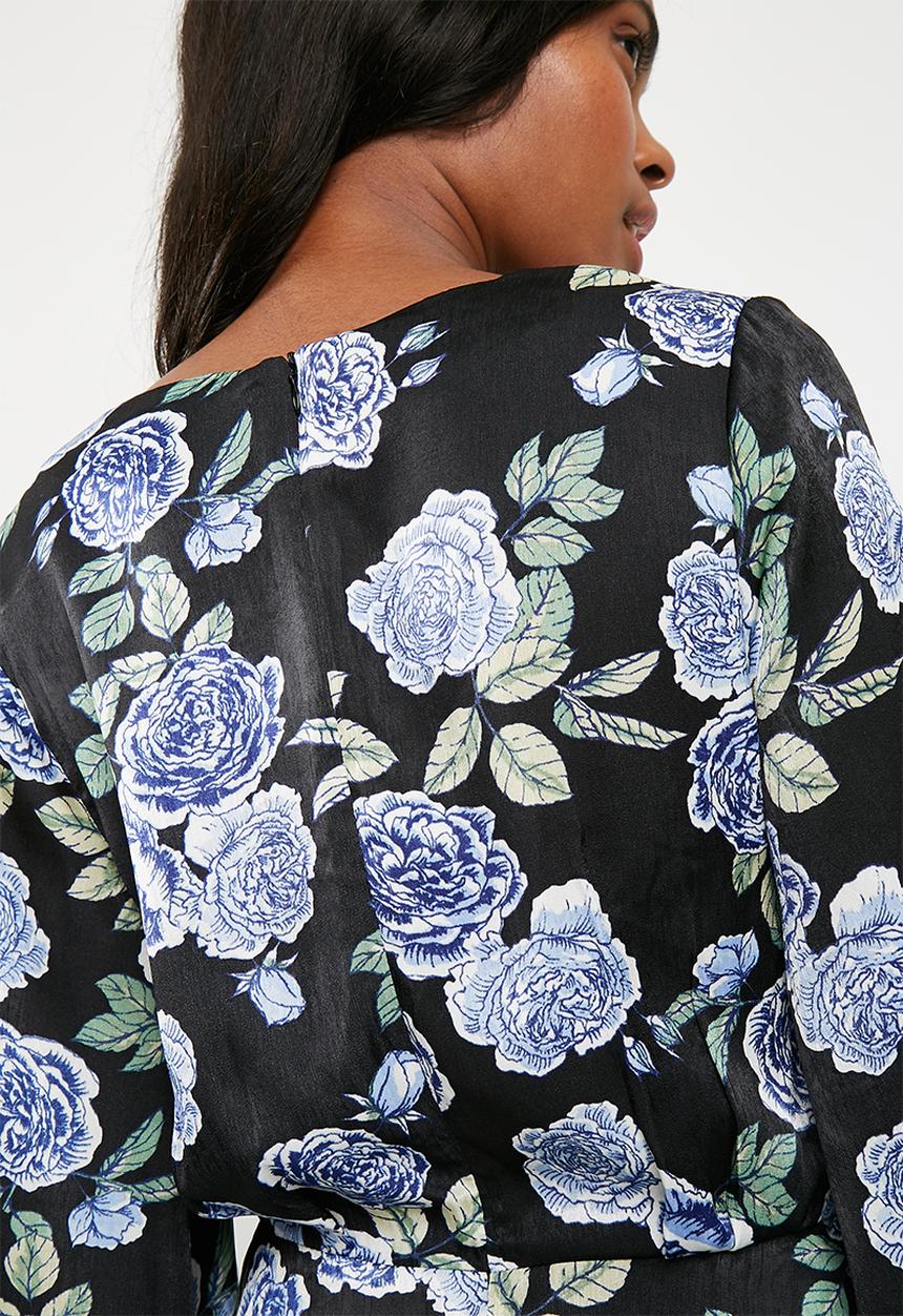 Missguided - Floral print belted kimono shift dress - black & blue