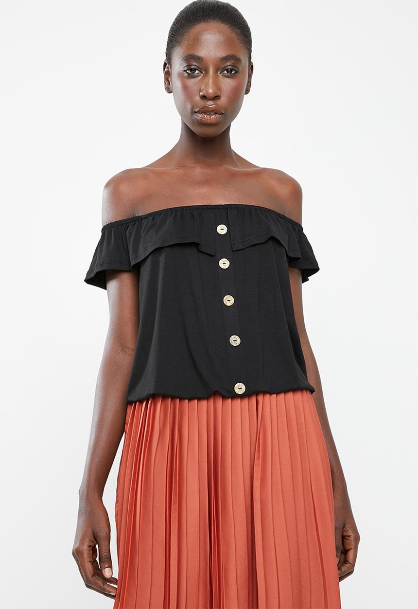 Superbalist - Off the shoulder button through top with frill - black