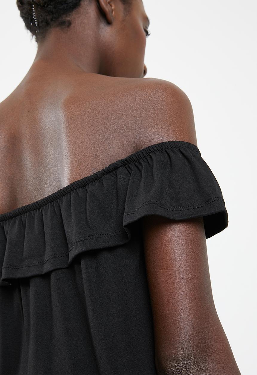 Superbalist - Off the shoulder button through top with frill - black