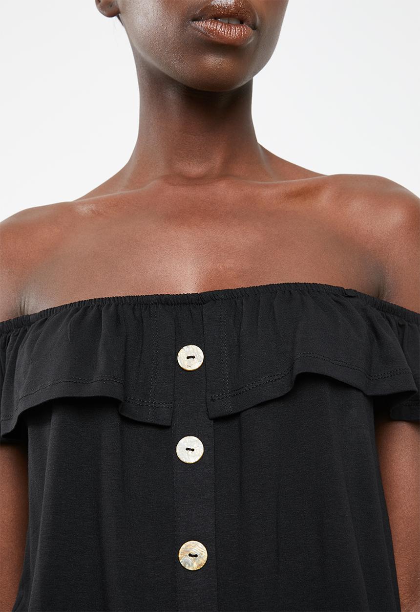 Superbalist - Off the shoulder button through top with frill - black