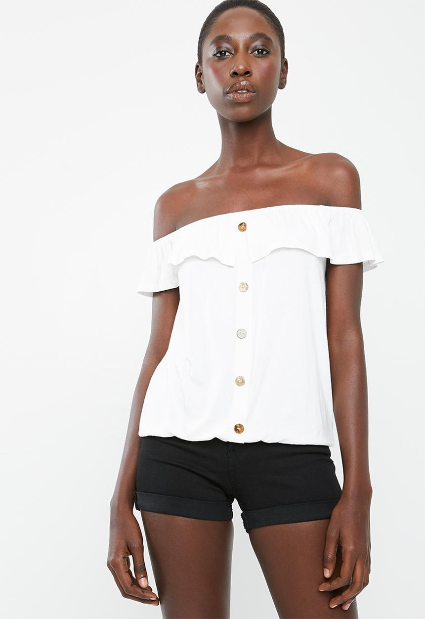 Superbalist - Off the shoulder button through top with frill - white 