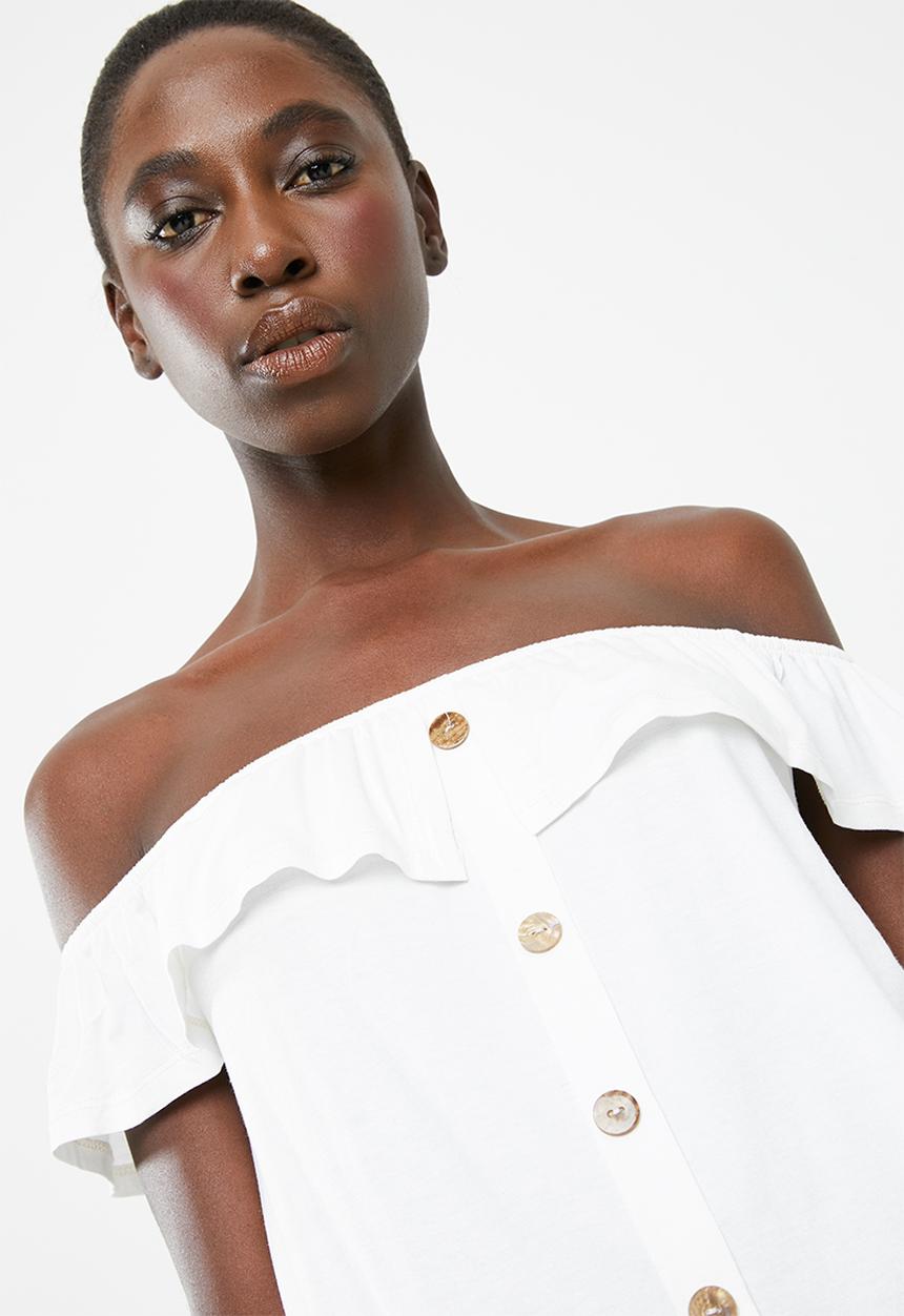 Superbalist - Off the shoulder button through top with frill - white 
