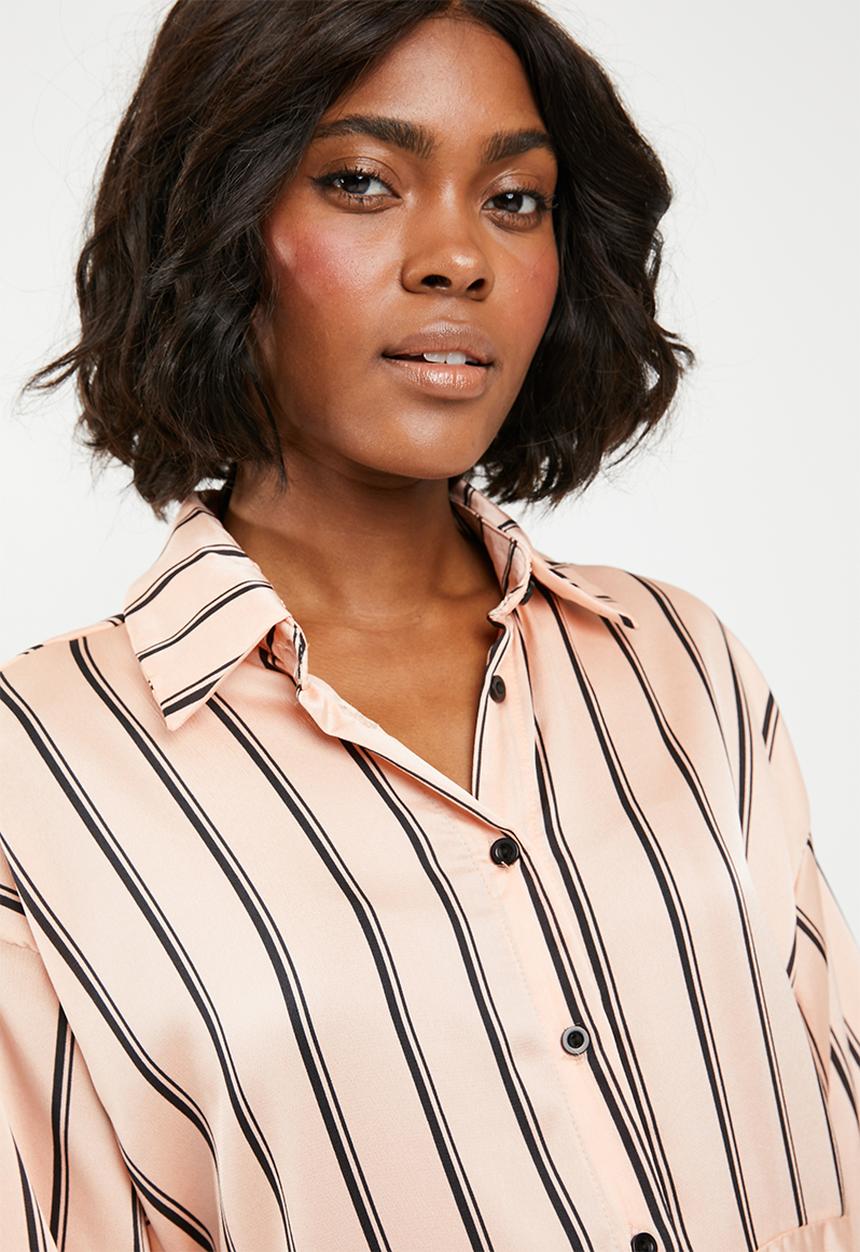 STYLE REPUBLIC - Shirt dress with contrast belt - pink and black stripe