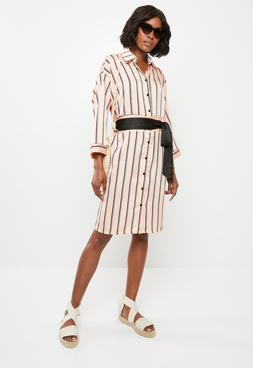 STYLE REPUBLIC - Shirt dress with contrast belt - pink and black stripe