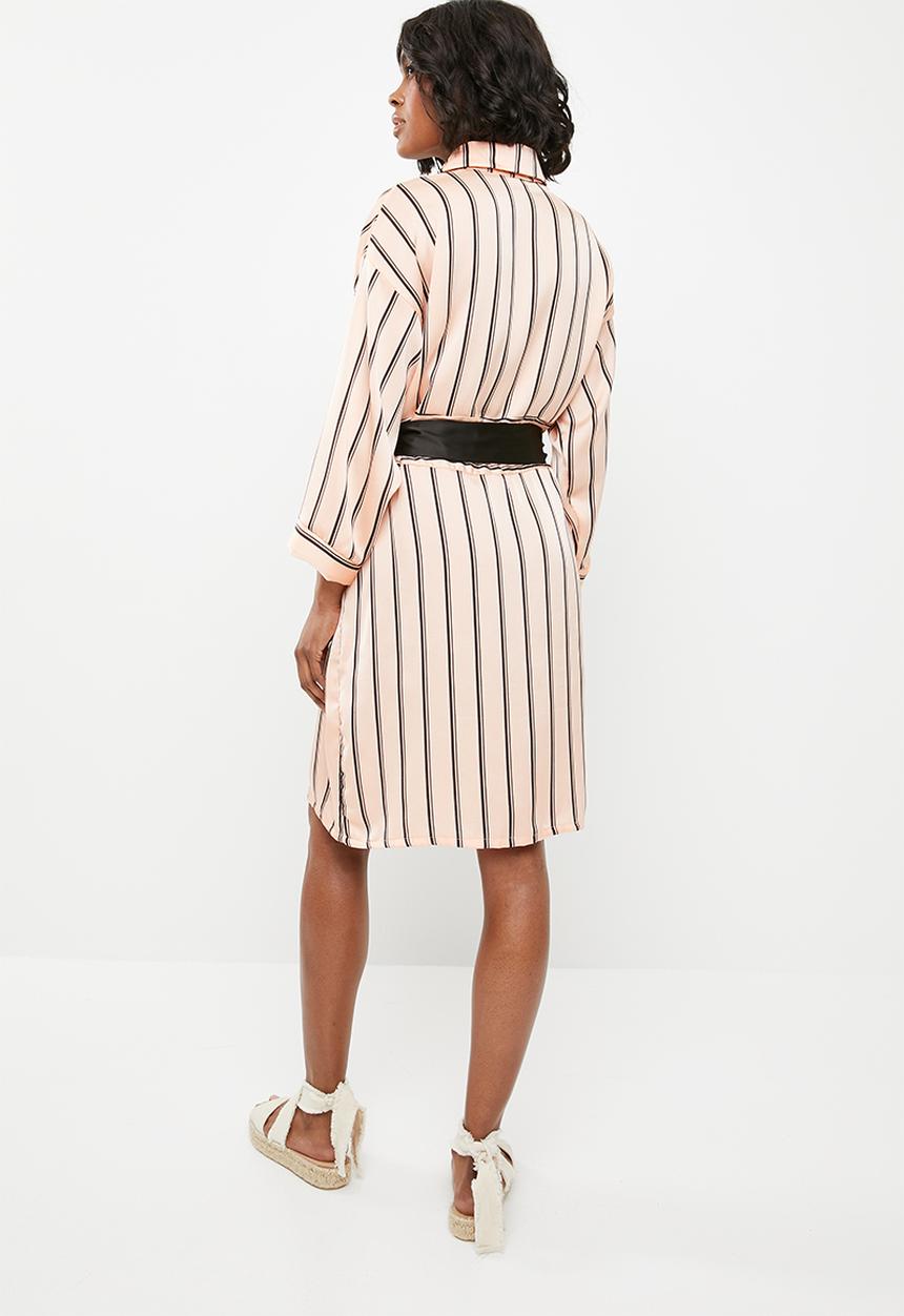 STYLE REPUBLIC - Shirt dress with contrast belt - pink and black stripe