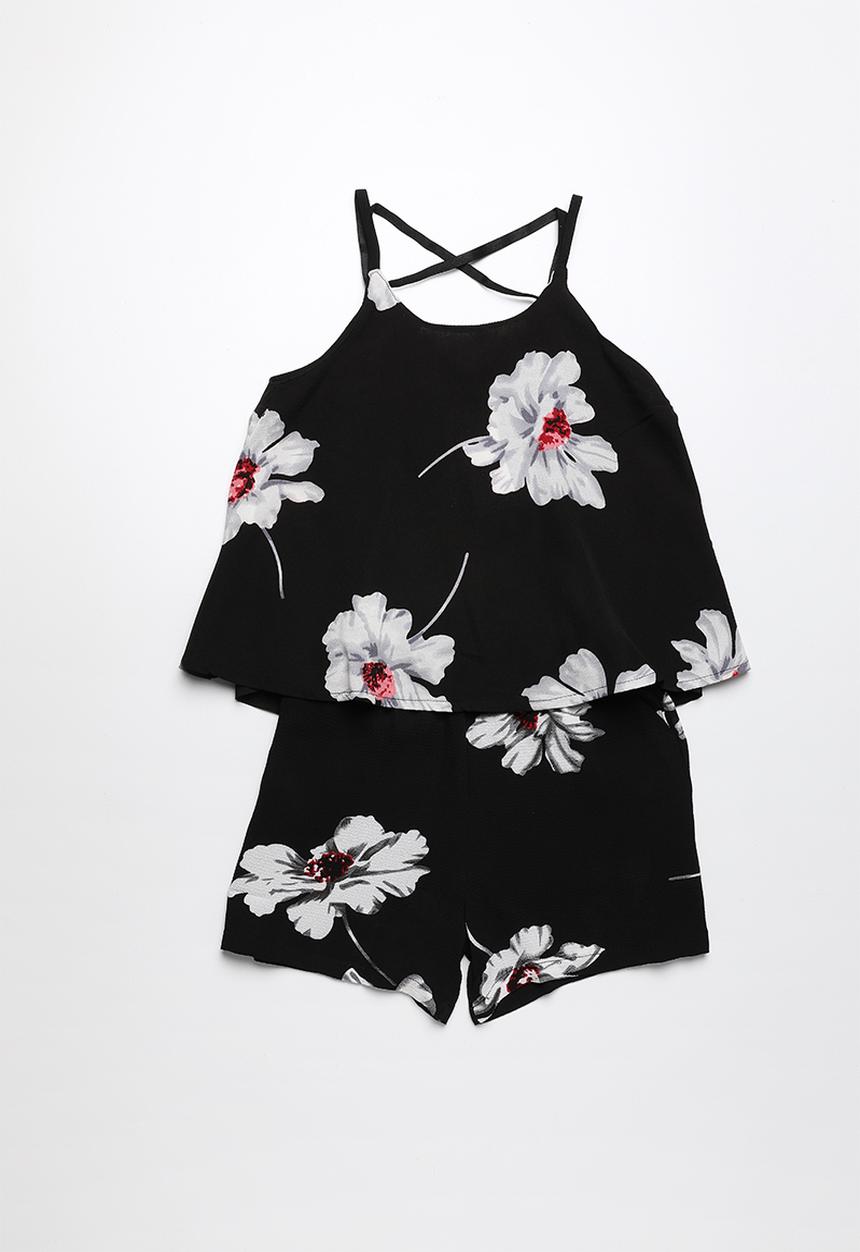 Pop Candy - Printed strappy top & short set - black